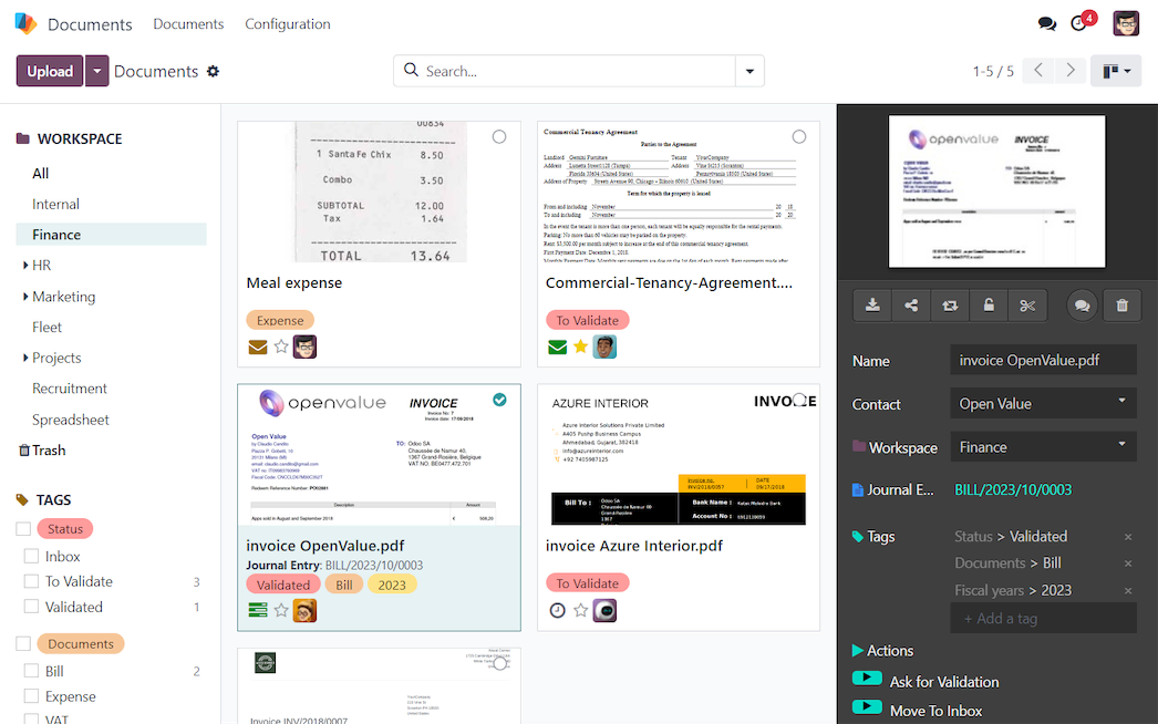Odoo Documents app interfață