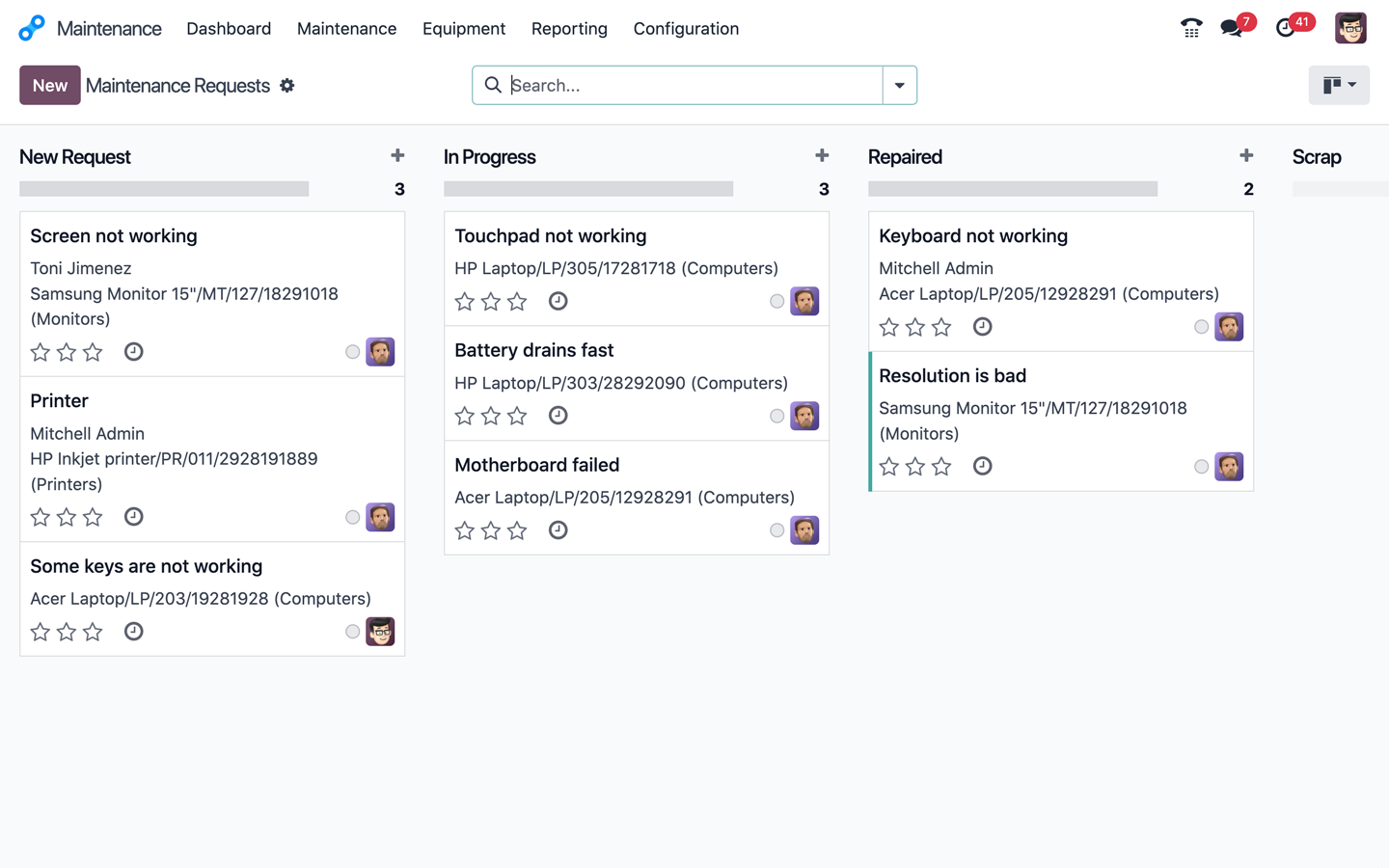 Benutzeroberfläche von Odoo Wartung mit Geräten